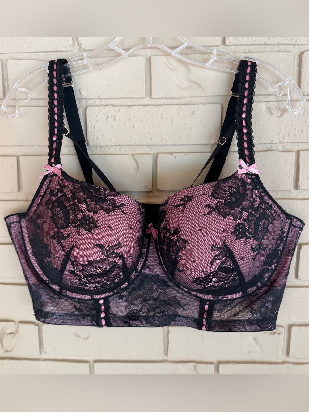 Cacique 42DDD Pink Black Lace Corset Bra Boost Balconette Sexy Ribbons Bows
